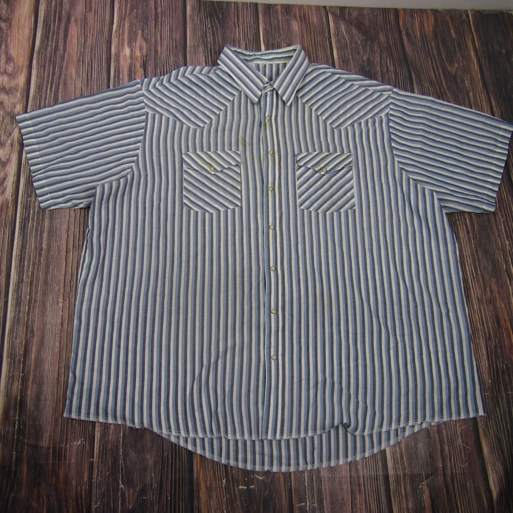 Shirt Mens‎ 4XL Blue Striped Short Sleeve Snap Pockets Button Up Cotton